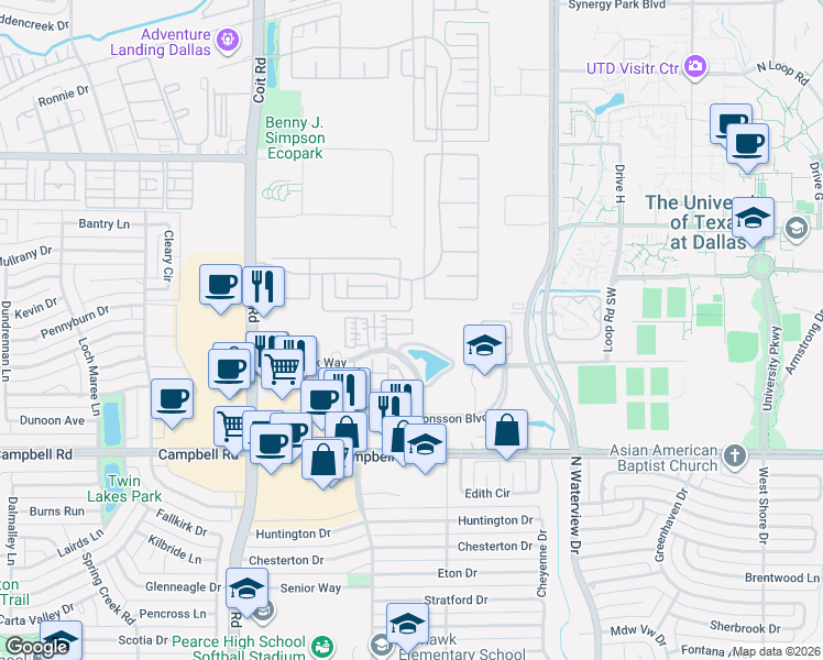 map of restaurants, bars, coffee shops, grocery stores, and more near 1205 Caladium Avenue in Richardson