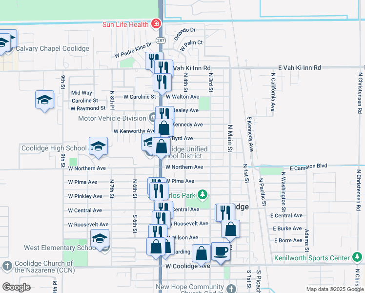 map of restaurants, bars, coffee shops, grocery stores, and more near 540 North 4th Street in Coolidge