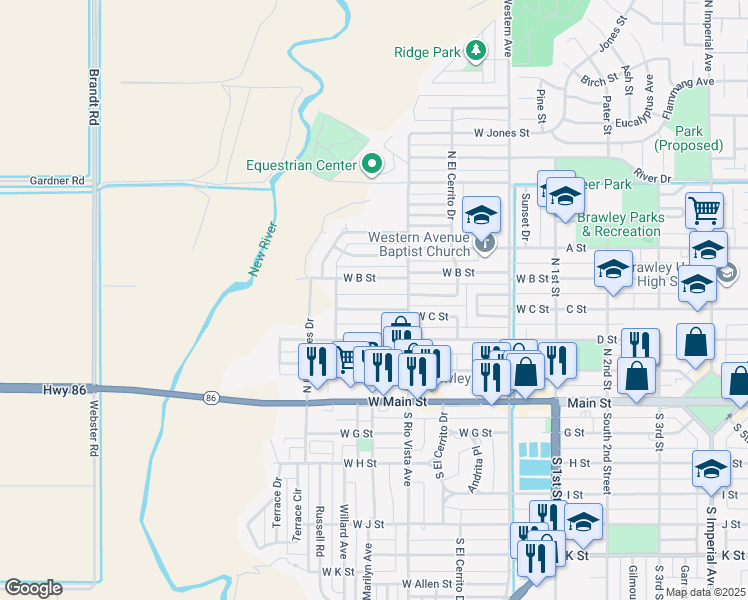 map of restaurants, bars, coffee shops, grocery stores, and more near 441 W C St in Brawley