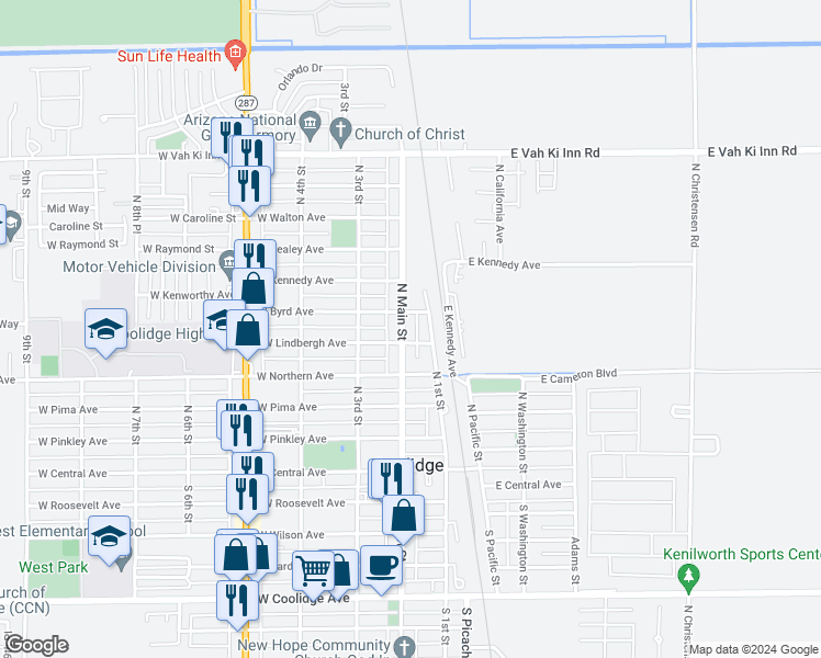 map of restaurants, bars, coffee shops, grocery stores, and more near 523 North Main Street in Coolidge