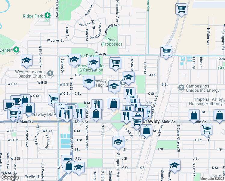 map of restaurants, bars, coffee shops, grocery stores, and more near 351 C Street in Brawley