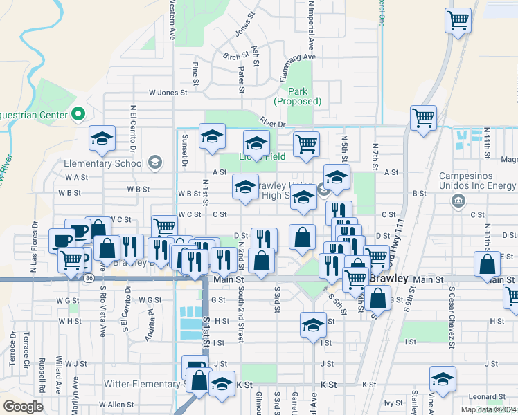 map of restaurants, bars, coffee shops, grocery stores, and more near 223 C Street in Brawley