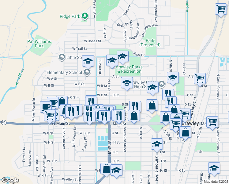 map of restaurants, bars, coffee shops, grocery stores, and more near 151 C Street in Brawley