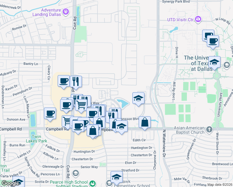 map of restaurants, bars, coffee shops, grocery stores, and more near 1205 Caladium Avenue in Richardson