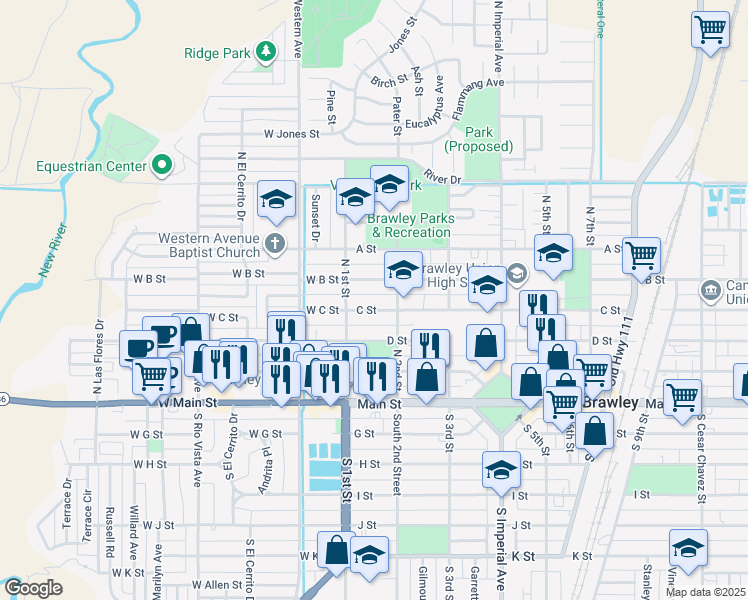 map of restaurants, bars, coffee shops, grocery stores, and more near 151 C Street in Brawley