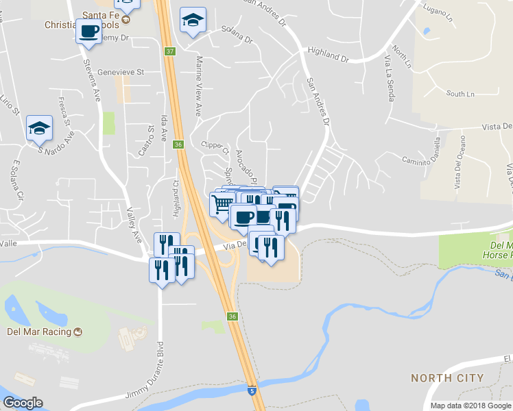map of restaurants, bars, coffee shops, grocery stores, and more near 981 Jeffrey Road in Del Mar