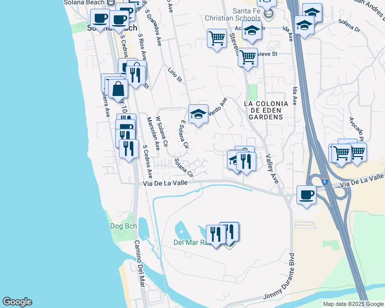 map of restaurants, bars, coffee shops, grocery stores, and more near 764 East Solana Circle in Solana Beach
