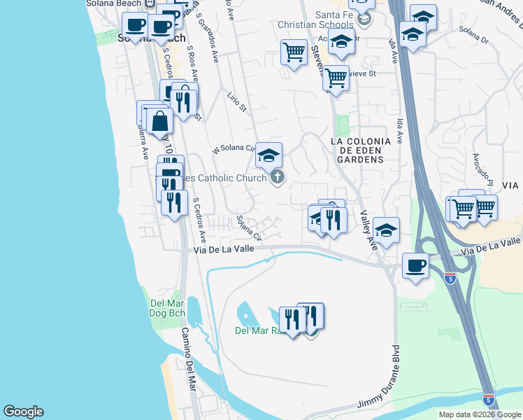 map of restaurants, bars, coffee shops, grocery stores, and more near 764 East Solana Circle in Solana Beach