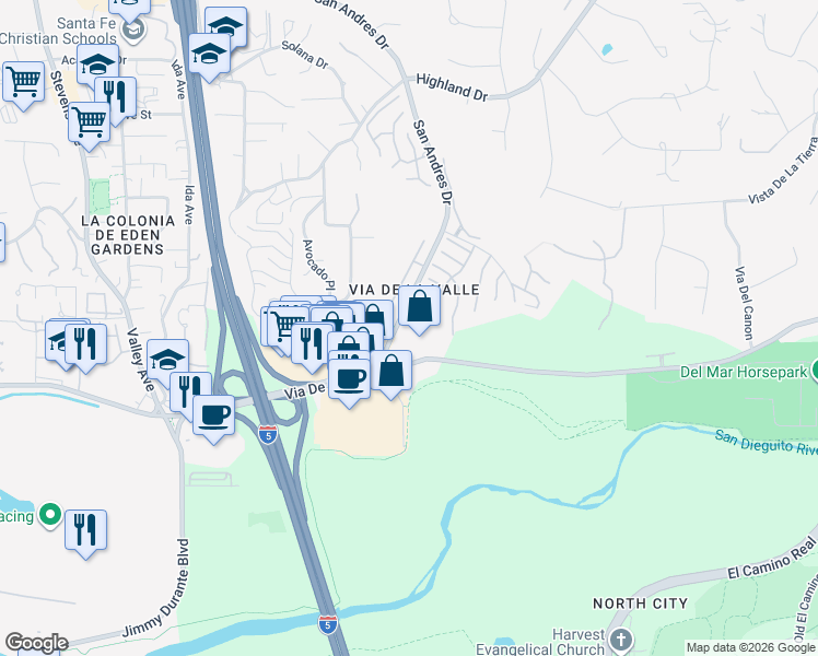 map of restaurants, bars, coffee shops, grocery stores, and more near 14711 Caminito Mar De Plata in Del Mar
