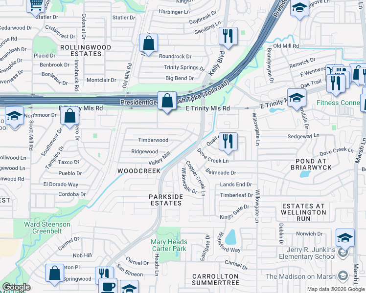 map of restaurants, bars, coffee shops, grocery stores, and more near 2240 Valley Mill in Carrollton