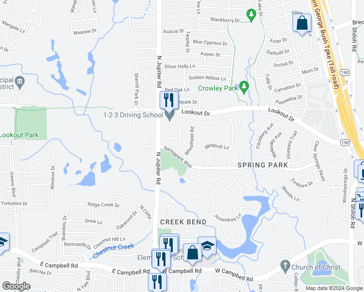map of restaurants, bars, coffee shops, grocery stores, and more near 7414 Courtside Drive in Garland