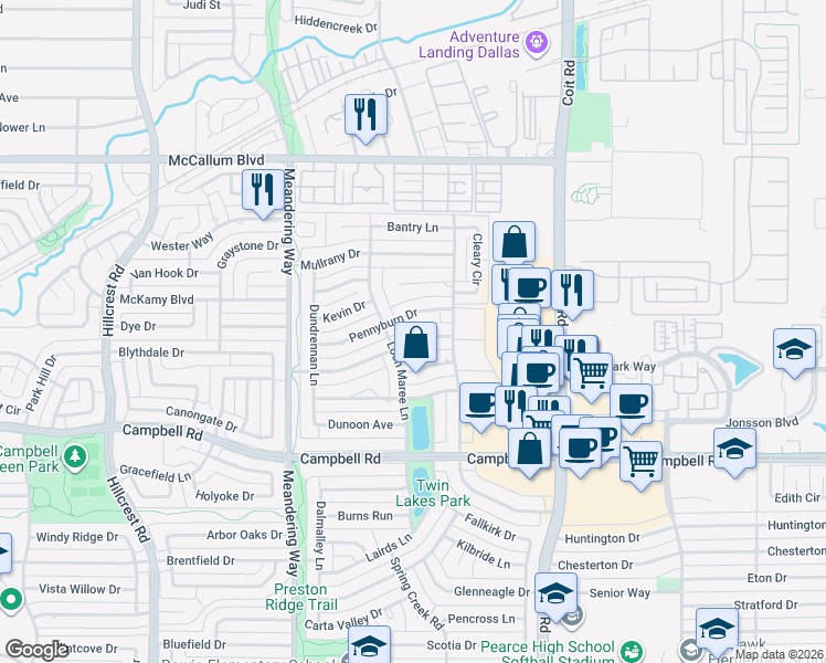map of restaurants, bars, coffee shops, grocery stores, and more near 7705 Queens Garden Drive in Dallas