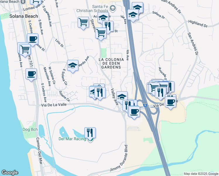 map of restaurants, bars, coffee shops, grocery stores, and more near 526 Via De La Valle in Solana Beach