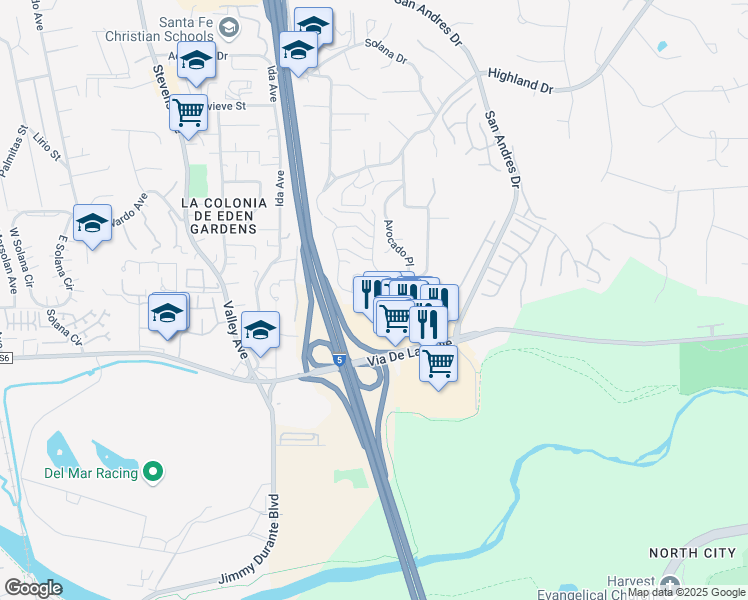 map of restaurants, bars, coffee shops, grocery stores, and more near 853 America Way in Del Mar