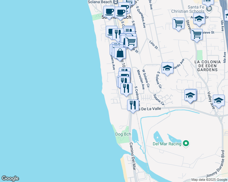 map of restaurants, bars, coffee shops, grocery stores, and more near in Solana Beach