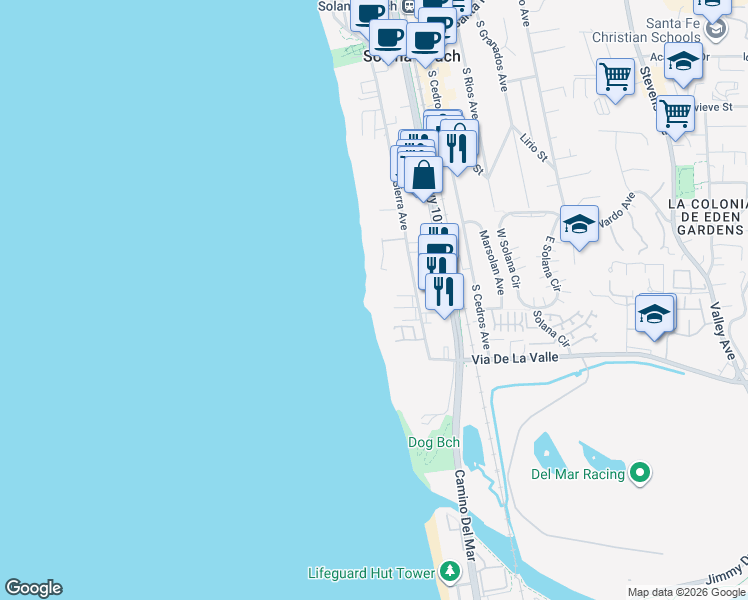 map of restaurants, bars, coffee shops, grocery stores, and more near 190 Del Mar Shores Terrace in Solana Beach