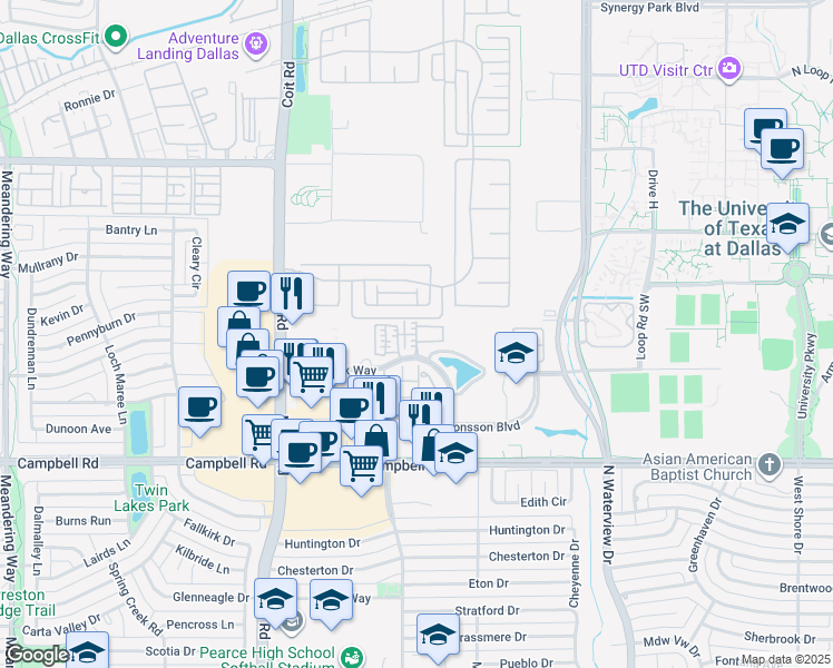 map of restaurants, bars, coffee shops, grocery stores, and more near 2219 Hibiscus Avenue in Richardson