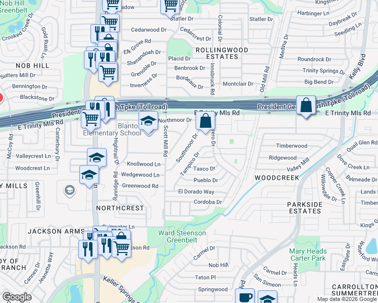 map of restaurants, bars, coffee shops, grocery stores, and more near 2125 Tampico Drive in Carrollton