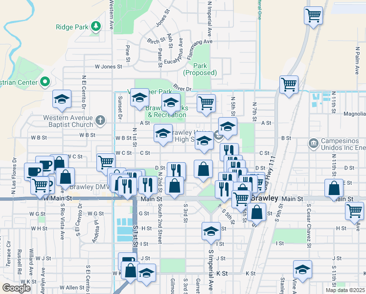 map of restaurants, bars, coffee shops, grocery stores, and more near 421 North 3rd Street in Brawley