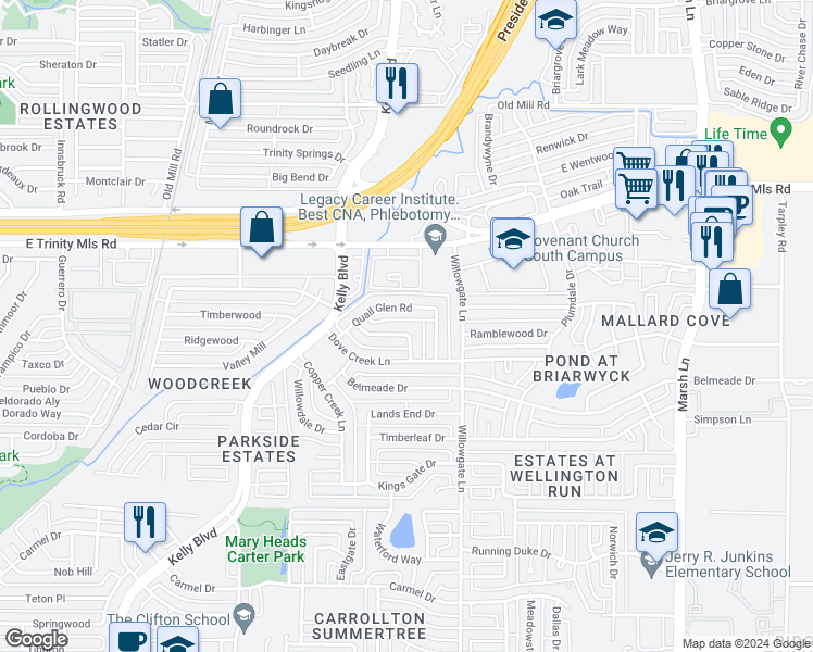 map of restaurants, bars, coffee shops, grocery stores, and more near 2515 Nature Bend Lane in Carrollton