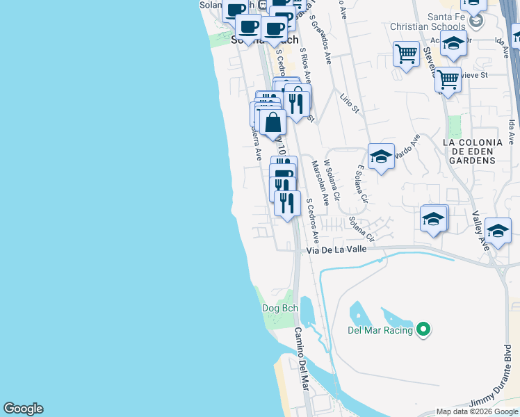 map of restaurants, bars, coffee shops, grocery stores, and more near in Solana Beach