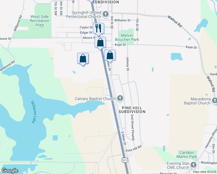 map of restaurants, bars, coffee shops, grocery stores, and more near 2200 South Arkansas Street in Springhill