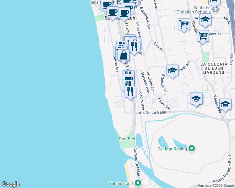 map of restaurants, bars, coffee shops, grocery stores, and more near 151 Del Mar Shores Terrace in Solana Beach