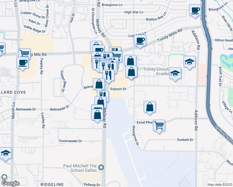 map of restaurants, bars, coffee shops, grocery stores, and more near 2550 Midway Rd in Carrollton