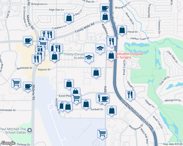 map of restaurants, bars, coffee shops, grocery stores, and more near 4500 Sojourn Drive in Addison