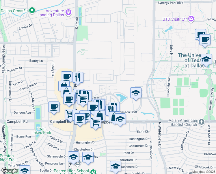 map of restaurants, bars, coffee shops, grocery stores, and more near 2219 Hibiscus Avenue in Richardson
