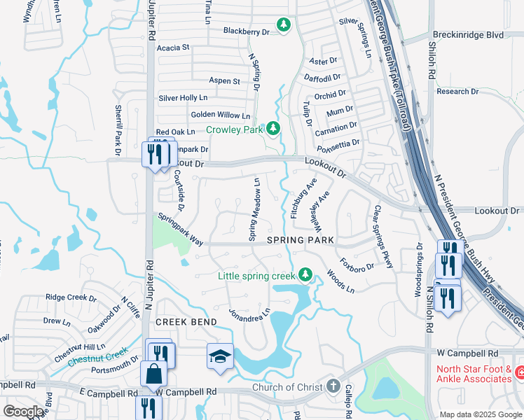 map of restaurants, bars, coffee shops, grocery stores, and more near 7609 Windmill Lane in Garland