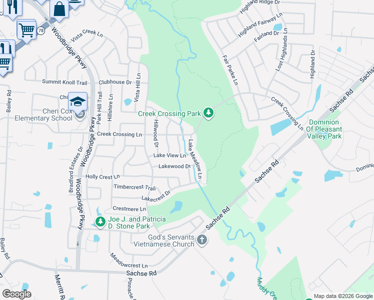 map of restaurants, bars, coffee shops, grocery stores, and more near 6522 Lake View Lane in Sachse