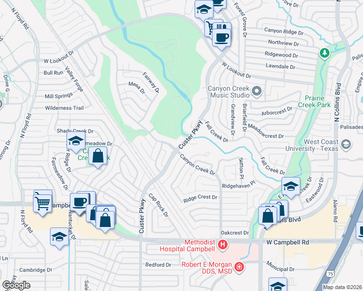 map of restaurants, bars, coffee shops, grocery stores, and more near 2300 Custer Parkway in Richardson