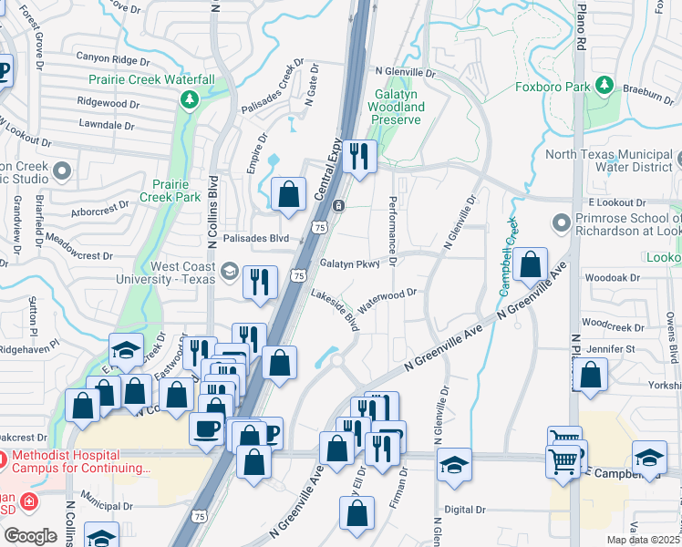 map of restaurants, bars, coffee shops, grocery stores, and more near 2400 Lakeside Boulevard in Richardson