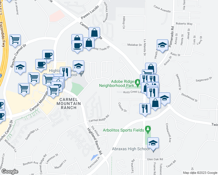 map of restaurants, bars, coffee shops, grocery stores, and more near 14756 Carmel Ridge Road in San Diego