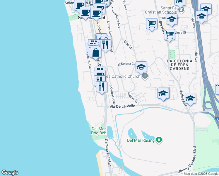 map of restaurants, bars, coffee shops, grocery stores, and more near 747 South Cedros Avenue in Solana Beach