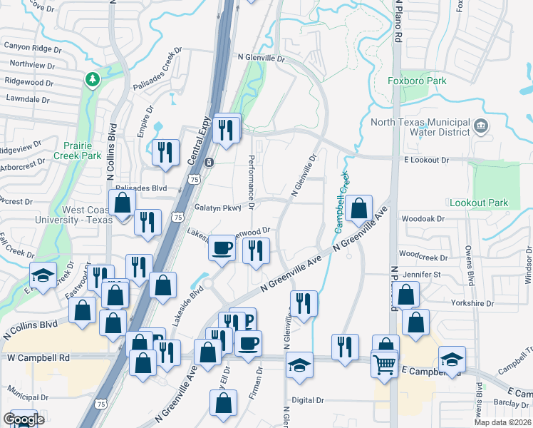 map of restaurants, bars, coffee shops, grocery stores, and more near 1023 Waterwood Drive in Richardson