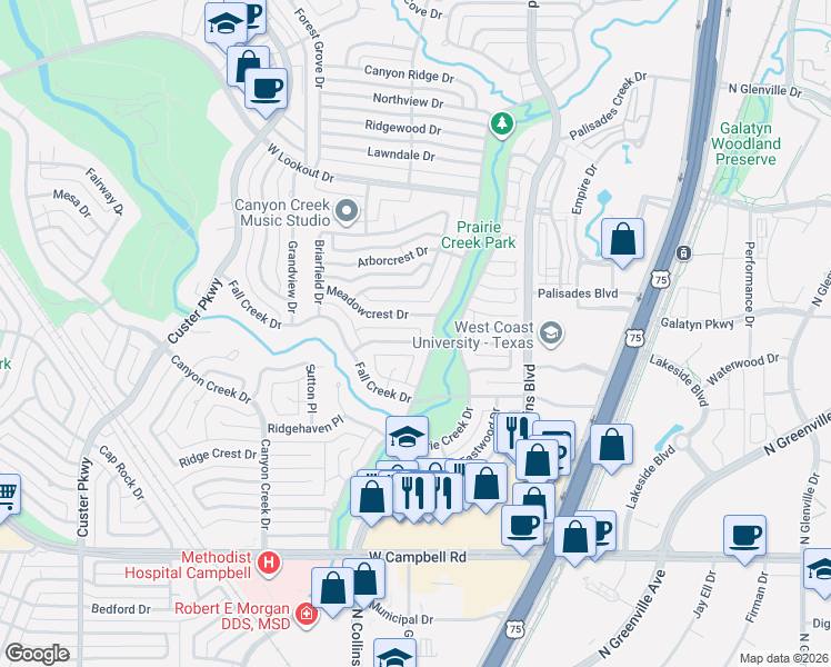 map of restaurants, bars, coffee shops, grocery stores, and more near 303 Stonebridge Drive in Richardson