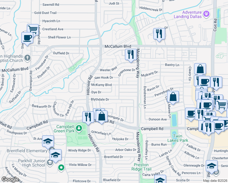 map of restaurants, bars, coffee shops, grocery stores, and more near 7259 Blythdale Drive in Dallas