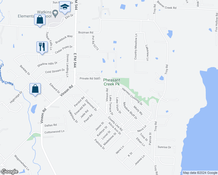 map of restaurants, bars, coffee shops, grocery stores, and more near 2713 Lake Terrace Drive in Wylie