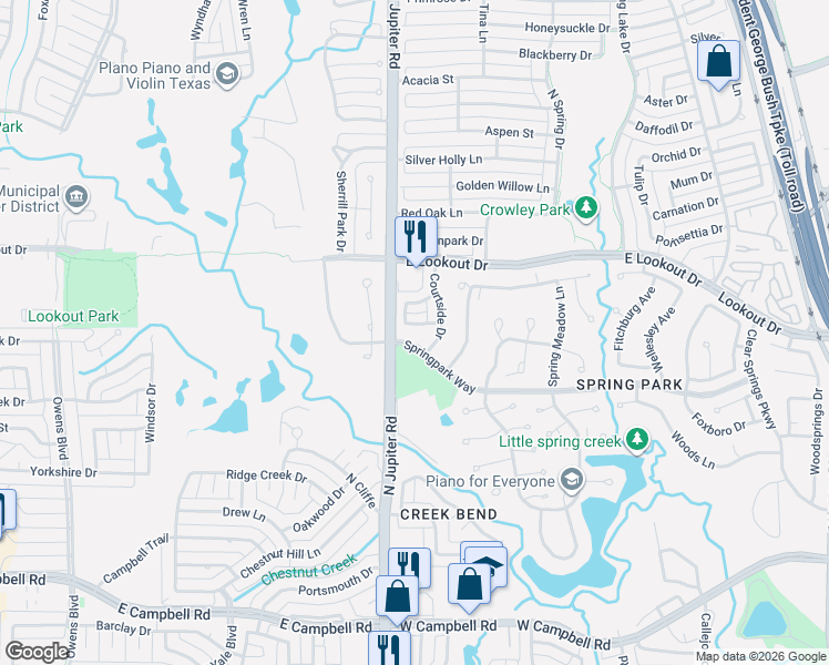 map of restaurants, bars, coffee shops, grocery stores, and more near 7402 Courtside Drive in Garland