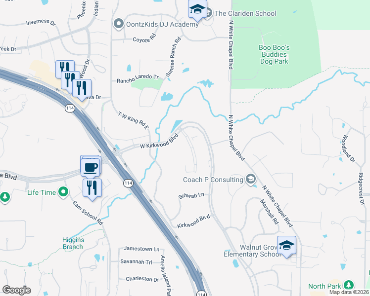 map of restaurants, bars, coffee shops, grocery stores, and more near 3150 Sabre Drive in Southlake