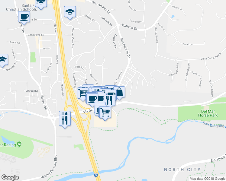 map of restaurants, bars, coffee shops, grocery stores, and more near 15793 Caminito Cantaras in Del Mar