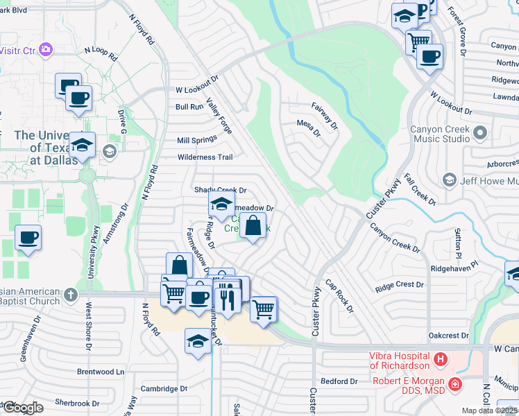 map of restaurants, bars, coffee shops, grocery stores, and more near 2201 Lawnmeadow Drive in Richardson