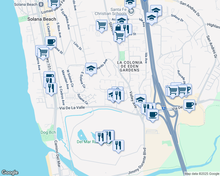 map of restaurants, bars, coffee shops, grocery stores, and more near 509 Turfwood Lane in Solana Beach