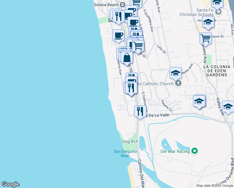 map of restaurants, bars, coffee shops, grocery stores, and more near 707 South Sierra Avenue in Solana Beach