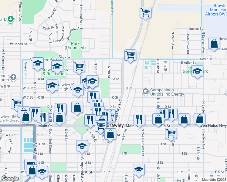map of restaurants, bars, coffee shops, grocery stores, and more near 733 C Street in Brawley