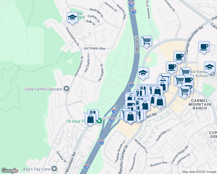 map of restaurants, bars, coffee shops, grocery stores, and more near 14701-14799 Caminito Orense Este in San Diego