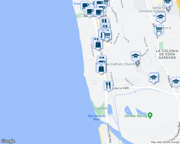 map of restaurants, bars, coffee shops, grocery stores, and more near in Solana Beach