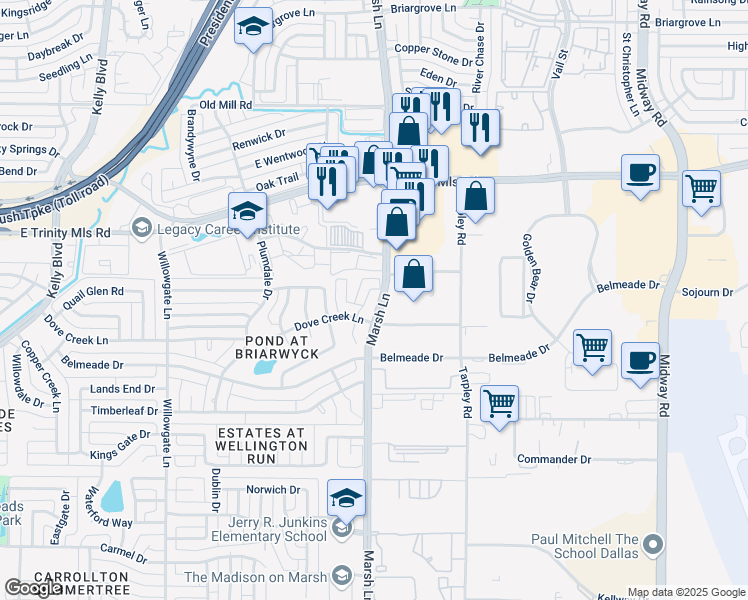 map of restaurants, bars, coffee shops, grocery stores, and more near 2536 Marsh Lane in Carrollton